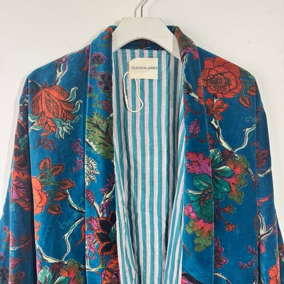 Eleanor James Penny Velvet Lounge Jacket Women M/L Blue Floral Boho Fall Pocket - Picture 3 of 9